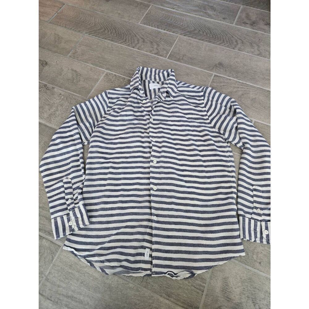 Women's Onia Linen Blend Button Down Boyfriend Long Sleeve Shirt Stripe Blue and